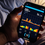 **

A person sleeping peacefully wearing a smartwatch, displaying sleep data visualization (sleep stages graph) on a smartphone screen next to the bed. The room is dimly lit, creating a relaxing atmosphere. Emphasize the concept of sleep monitoring and regeneration.

**