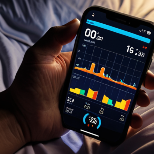 **

A person sleeping peacefully wearing a smartwatch, displaying sleep data visualization (sleep stages graph) on a smartphone screen next to the bed. The room is dimly lit, creating a relaxing atmosphere. Emphasize the concept of sleep monitoring and regeneration.

**